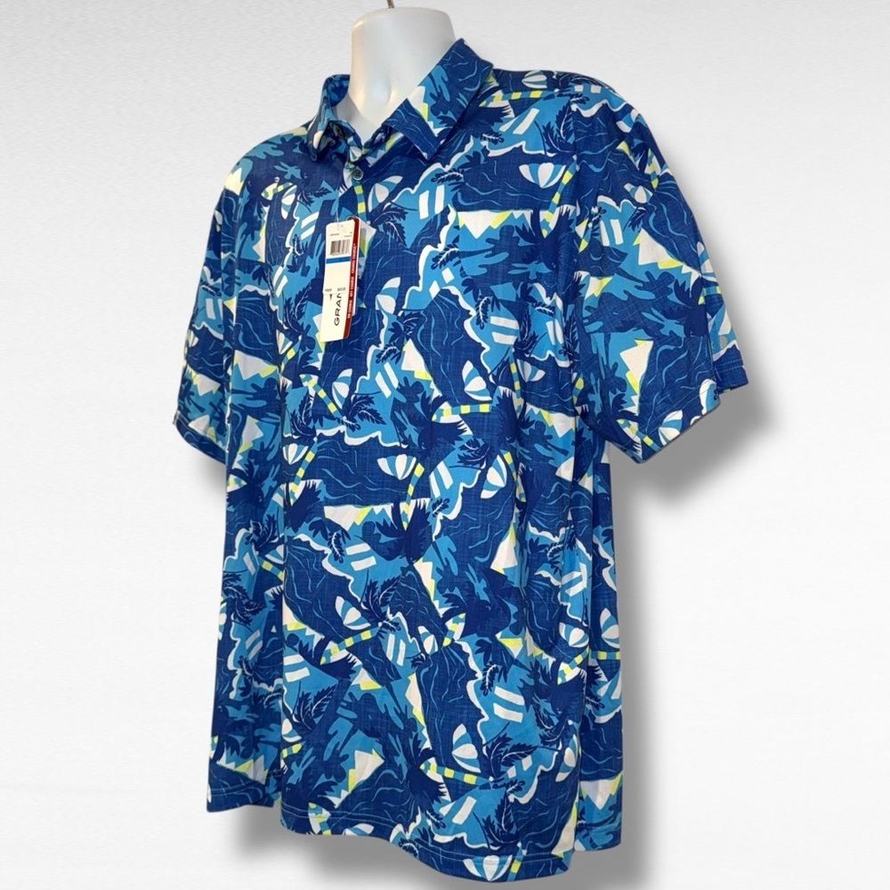 Grand Slam Performance Polo Shirt XL Blue Tropical Print Stretch Golf NWT - Picture 3 of 10